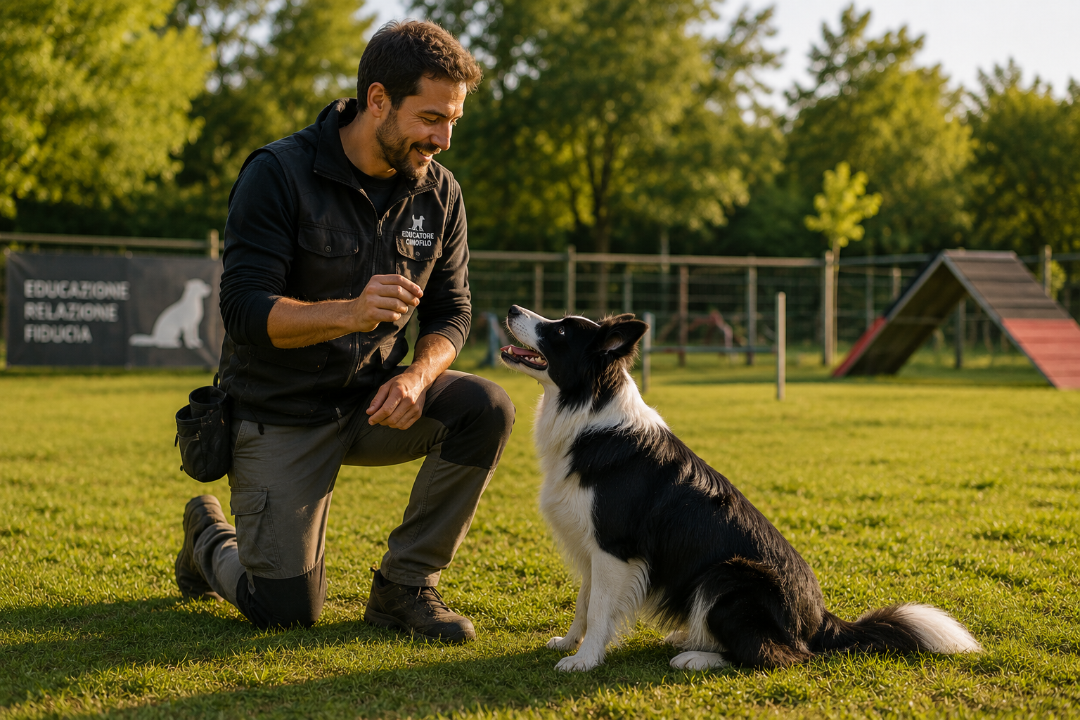 Educatore cinofilo che lavora in campo con un border collie